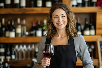 Portrait of a smiling sommelier woman , holding a glass of red wine and standing against a background of wooden alcohol shelves, looking at the camera.