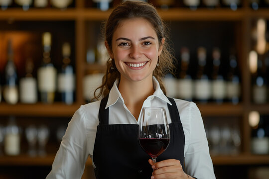 Portrait of a smiling sommelier woman , holding a glass of red wine and standing against a background of wooden alcohol shelves, looking at the camera. - Powered by Adobe