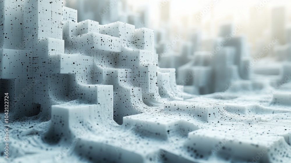 Aufkleber A complex, abstract landscape features meticulously arranged crystal-like formations with gradual elevations and soft light filtering through, creating an ethereal atmosphere.