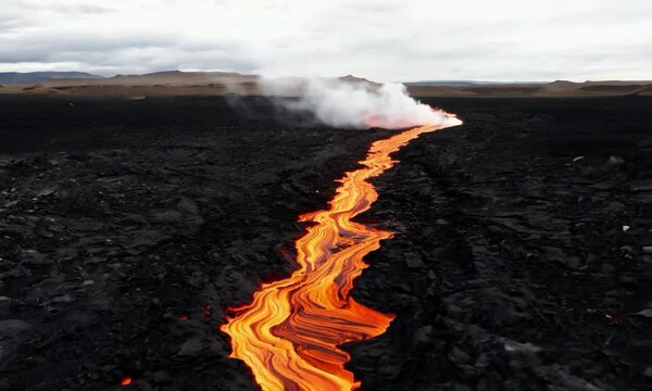 Dolly shot with dramatic, high-contrast lighting: The camera starts by focusing on a close-up of a volcanic fissure. It then dolly&rsquo;s backward to reveal the fissure&rsquo;s length and surroundings, with dram