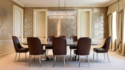 Elegant dining room featuring geometric wallpaper and sleek modern furnishings