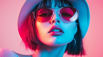 Fototapeta premium Close-up portrait of a stylish woman with sunglasses in neon lighting