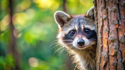 Curious raccoon peering out from behind a tree