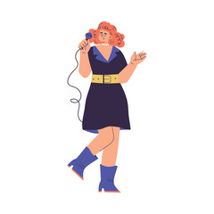 Woman Character Singing with Microphone Enjoy Karaoke Vector Illustration