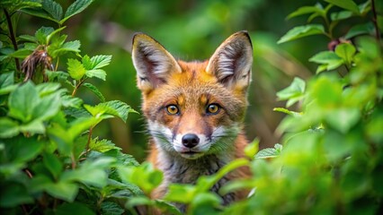Curious red fox peeking through dense green forest foliage
