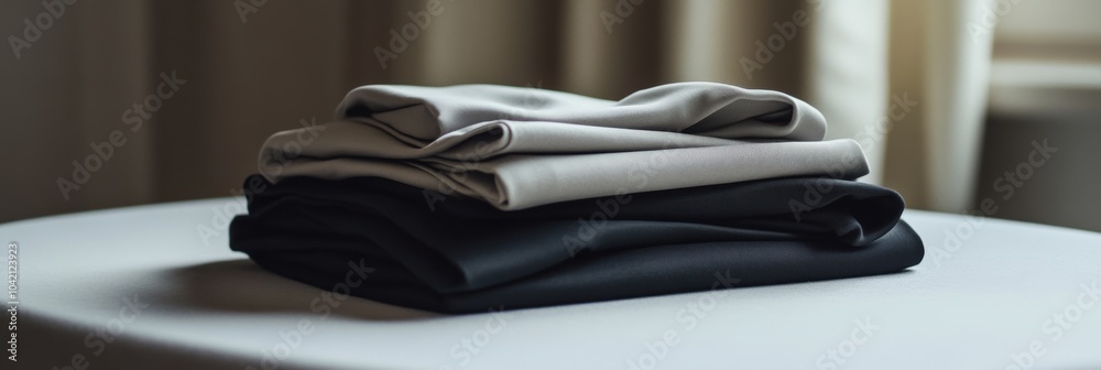 Aufkleber a collection of neatly folded minimalist sportswear rests on a smooth table, showcasing a blend of f