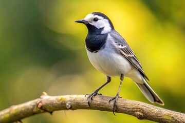 Curious white wagtail perched on high tree branch