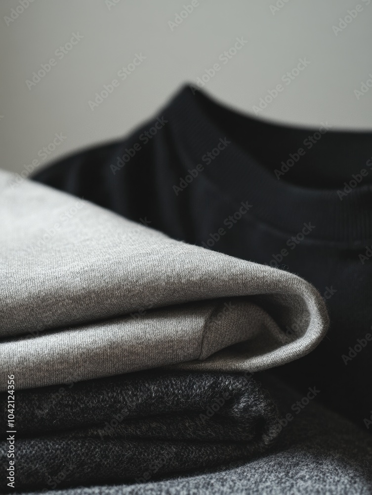 Poster soft, comfortable sportswear is neatly folded on a smooth table, showcasing a blend of colors and te