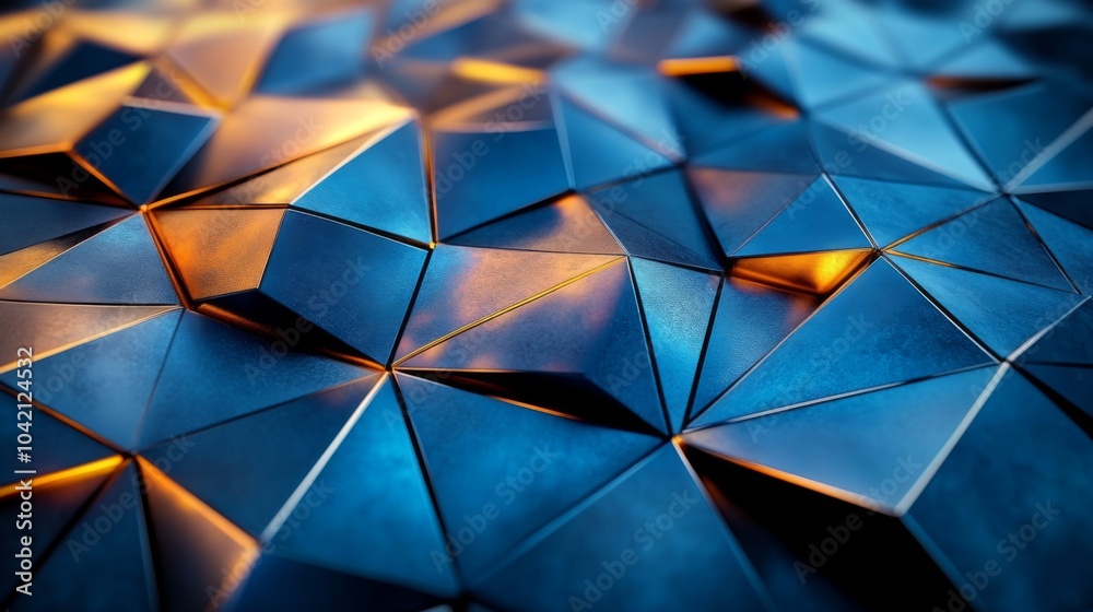 Poster A captivating array of three-dimensional geometric shapes in shades of blue and gold, creating an abstract textured surface that plays with light and shadow.