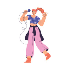 Woman Character Singing with Microphone Enjoy Karaoke Vector Illustration
