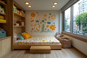 Colorful kid's room with floral wall art and cozy atmosphere