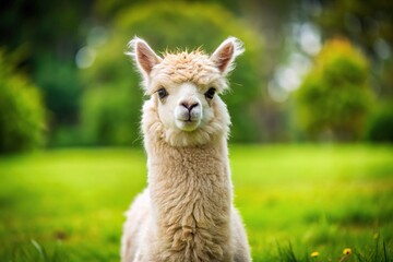 Fototapeta premium Cute alpaca standing on green grass with leading lines