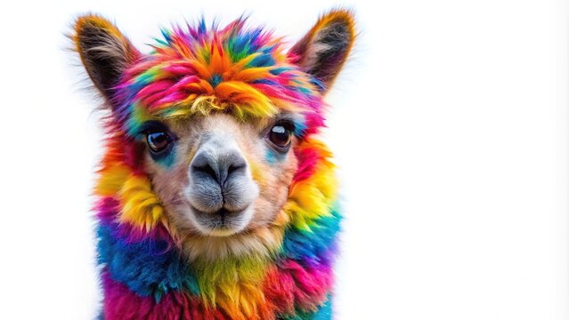 Cute and colorful alpaca on a bright white background with forced perspective