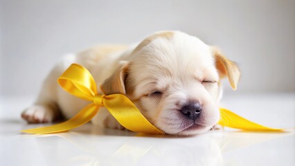 Cute asymmetrical puppy sleeping with yellow ribbon on white background