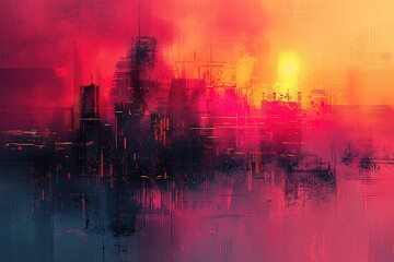 Fototapeta premium A cityscape with a bright orange sun in the background