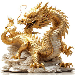 Obraz premium A majestic golden dragon sculpture intricately designed, perched atop swirling clouds isolated on white background, symbolizing power and wisdom.
