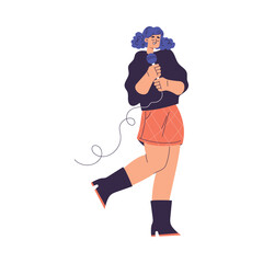 Woman Character Singing with Microphone Enjoy Karaoke Vector Illustration