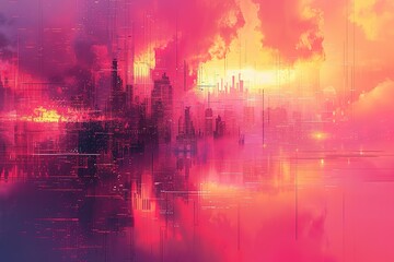 A cityscape with a pink background and buildings in the foreground