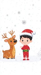 Reindeer, child in Santa hat, flat line art, mischievous expression, snowflakes falling, wintry backdrop, holiday cheer, eye-level angle, crisp white background