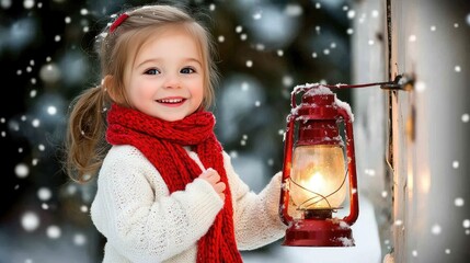 A joyful girl smiles broadly while holding a lantern, eagerly awaiting Christmas as snowflakes fall outside her cozy home