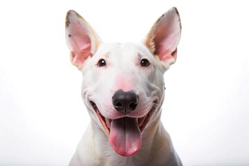cute bull terrier with tongue out on white background