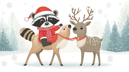 Naklejka premium Playful raccoon with a Santa hat and scarf riding a reindeer