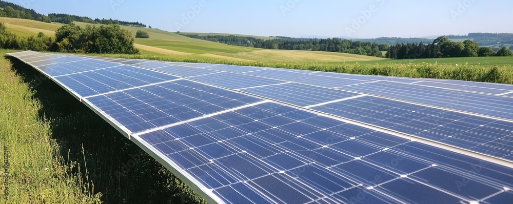 Wall mural solar panels in green landscape under blue sky