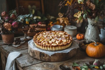 Naklejka premium A rustic table displays a beautifully arranged apple pie surrounded by autumn decor, pumpkins, and dried flowers, creating a warm seasonal ambiance.
