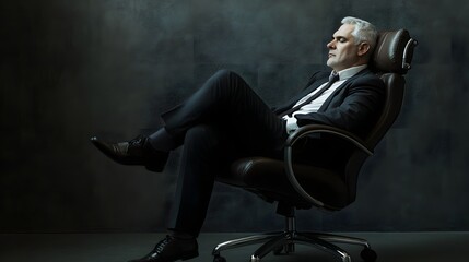A man in a suit relaxes in a leather office chair.