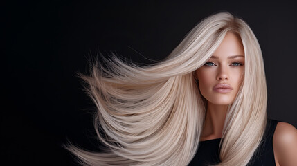 Fototapeta premium Elegant blonde model with flowing hair in studio portrait for beauty and fashion