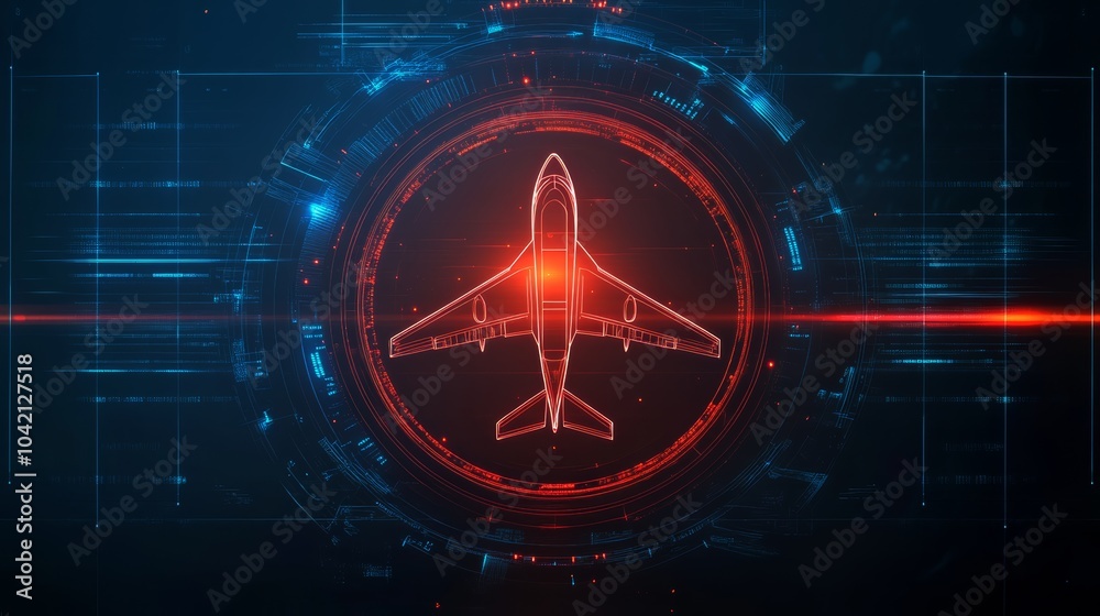 Aufkleber airplane emerges from a futuristic interface with data flowing around it, symbolizing the interconne