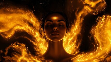 Naklejka premium Woman in Meditation Surrounded by Fiery Energy, Symbolizing Inner Power and Spiritual Awakening
