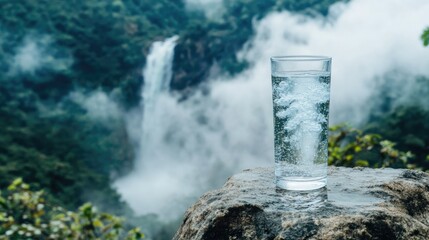 Refreshing Water Glass Near a Scenic Waterfall