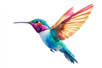 Fototapeta premium A stunning watercolor of a tropical hummingbird mid-flight, painted in bright hues of turquoise, magenta, and gold. The bird graceful form and delicate details make it perfect for summer clipart,