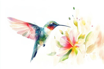 Obraz premium A hand-drawn watercolor illustration of a colorful hummingbird hovering over a flower, its feathers shimmering in shades of green, blue, and pink. This tropical bird is isolated against a white