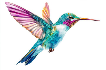Obraz premium A stunning watercolor of a tropical hummingbird mid-flight, painted in bright hues of turquoise, magenta, and gold. The bird graceful form and delicate details make it perfect for summer clipart,