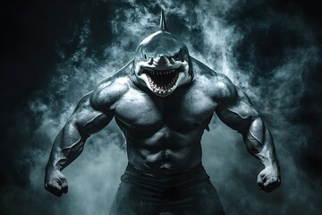 muscular strong humanoid shark, powerful predator fantasy creature