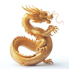 Obraz premium A majestic golden dragon coiled elegantly isolated on white background, showcasing intricate scales and a fierce expression, symbolizing power and wisdom.