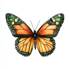Fototapeta premium A monarch butterfly with vivid orange and deep green wings, accented with black, hand-painted in watercolor. This isolated illustration on a white background brings a fresh take on Halloween designs.