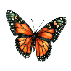 A monarch butterfly with vivid orange and deep green wings, accented with black, hand-painted in watercolor. This isolated illustration on a white background brings a fresh take on Halloween designs.