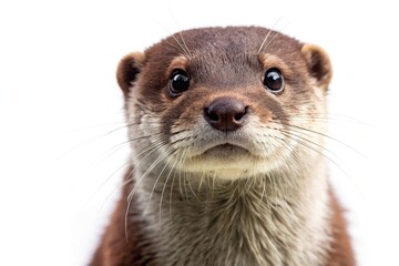 Fototapeta premium cute Eurasian otter isolated on white background in macro close-up