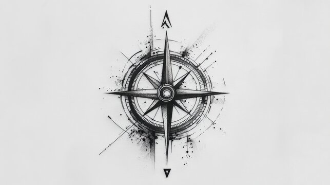 Black line tattoo of a compass with geometric detailing, bold and sharp against a white background.