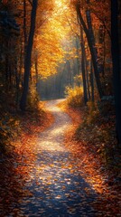 Fototapeta premium Autumn Forest Path with Golden Leaves - Digital Illustration