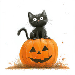 A whimsical watercolor illustration of a playful black cat perched atop a bright orange pumpkin, with a cheeky grin. The hand-drawn style on a white background creates a fun Halloween scene, perfect