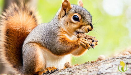 Fototapeta premium Cute squirrel eating nuts on a tree branch