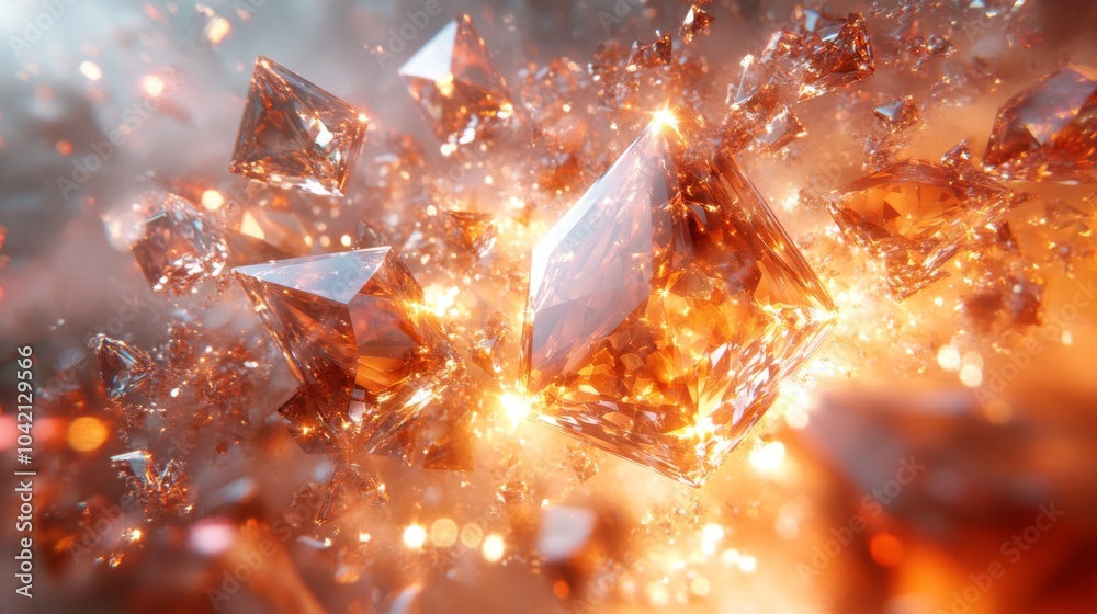 Poster Amber crystals burst into a radiant explosion, surrounded by luminous particles that create a captivating, energetic atmosphere filled with color and light.