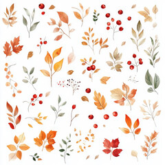 A whimsical watercolor set featuring autumn leaves, clusters of red berries, and delicate fall flowers, designed in a sticker format. The cute illustrations on a white background are ideal for