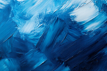 Abstract painting in varying shades of blue, featuring dynamic brush strokes that create a fluid, textured