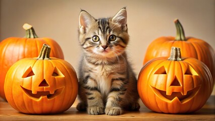 cute halloween kitten with carved pumpkins low angle view