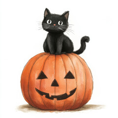A whimsical watercolor illustration of a playful black cat perched atop a bright orange pumpkin, with a cheeky grin. The hand-drawn style on a white background creates a fun Halloween scene, perfect